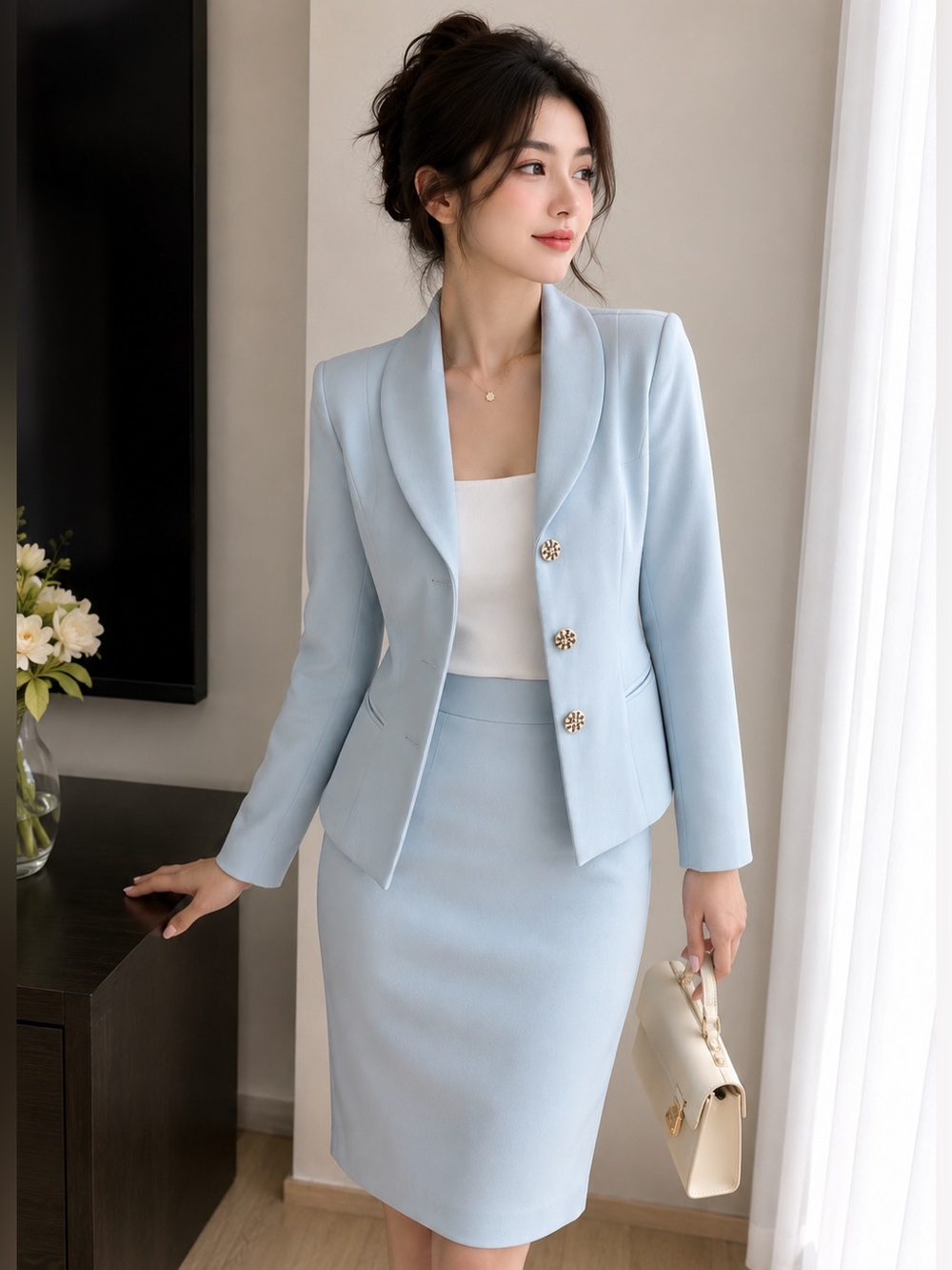 Hitch Reap Women’s Light Blue Blazer & Pencil Skirt Suit Set